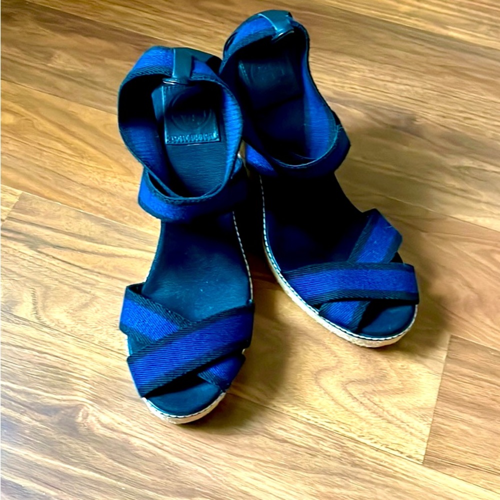 TORY BURCH Navy Blue & Black Open Toe Espadrille Wedge Platform Sandals
